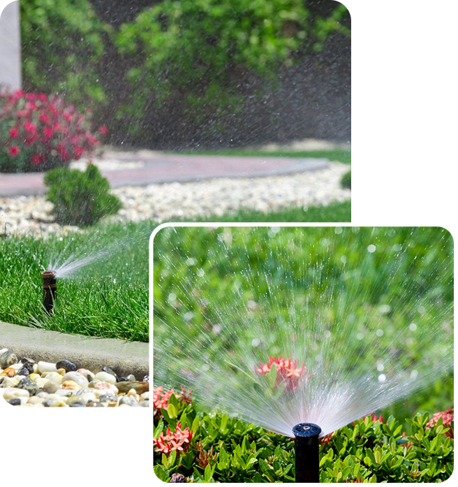 A picture of some bushes and flowers with water spraying from them.