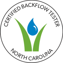 A green circle with the words certified backflow tester north carolina in it.