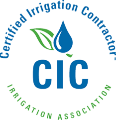 A green circle with the words cic certified irrigation contractor and an image of a leaf.